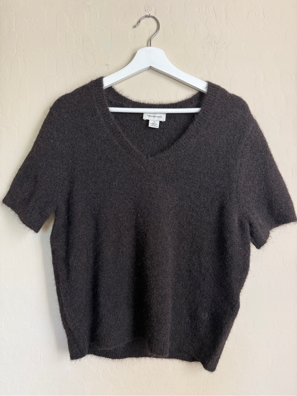 Calvin Klein Textured Knit V-Neck Short-Sleeve Sweater Short Sleeve Women Large